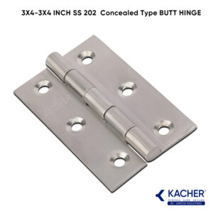 Close-up of Kacher 3/4x 3/4 inch stainless steel butt hinge with welded steel finish, SS-202 grade