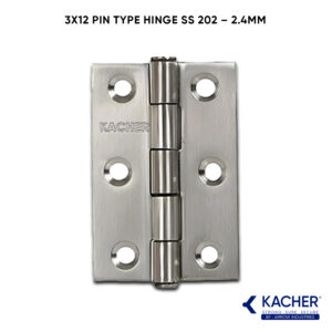 Kacher 3x12 inch SS202 pin type door hinge in steel finish, shown on a door frame.