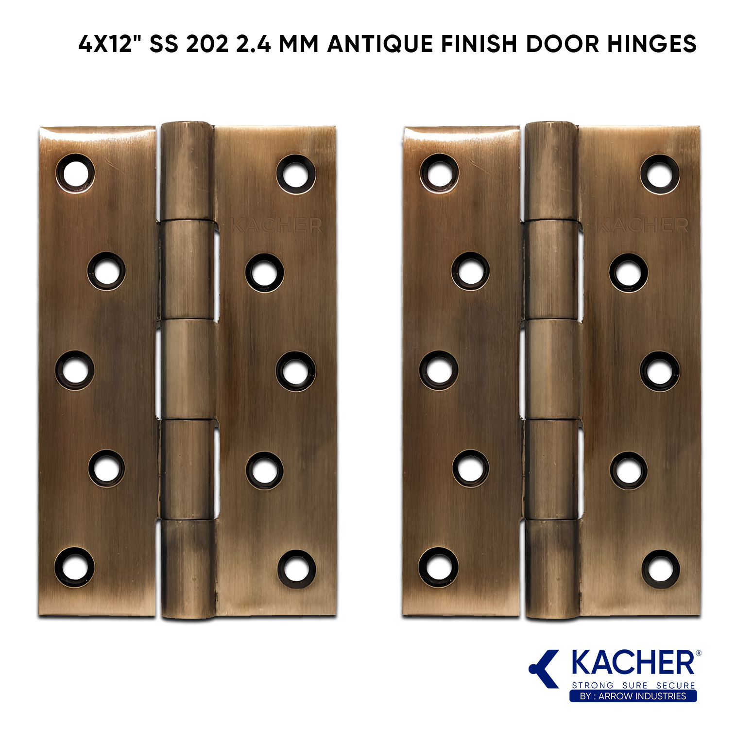 Kacher 4x12 inch SS202 pin type door hinge with an antique finish.