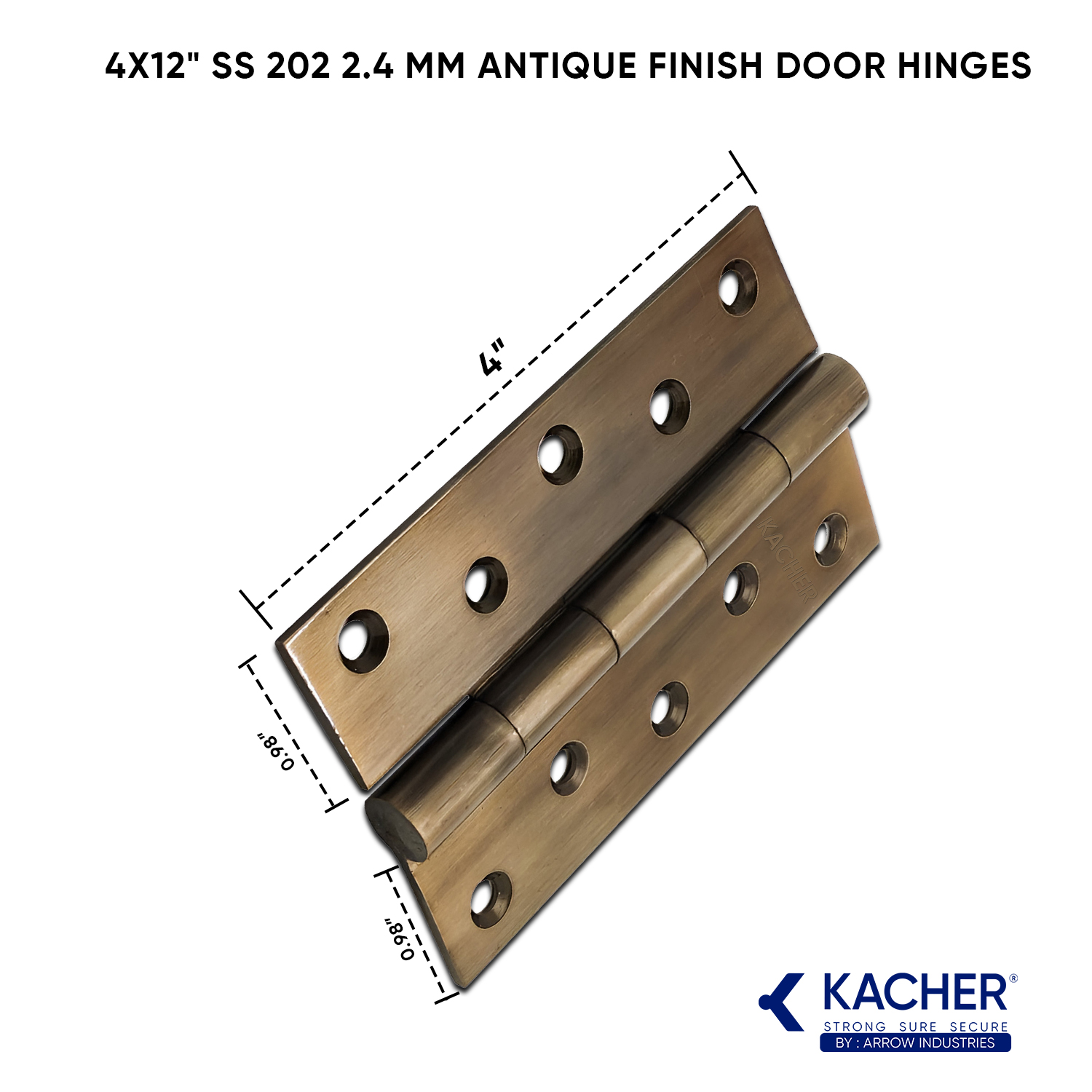 Kacher 4x12 inch SS202 pin type door hinge with an antique finish.